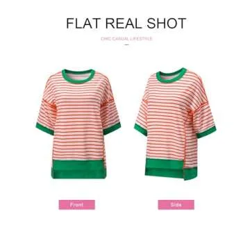 SHEWIN Womens Tops Dressy Casual Crewneck Short Sleeve Shirts Oversized Sweatshirt Lightweight Knit Tunic Top Loose T Shirts for Women 2025 Spring Clothes White and Orange Stripe M