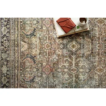 Loloi Layla Collection, LAY-03 Olive/Charcoal 5'-0" x 7'-6" .13" Thick, Area Rug, Soft, Durable, Vintage Inspired, Distressed, Low Pile, Non-Shedding, Easy Clean, Printed, Living Room Rug