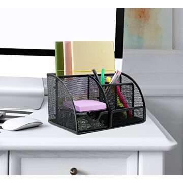 Greenco Mesh Office Supplies Desk Organizer Caddy, 6 Compartments, Black