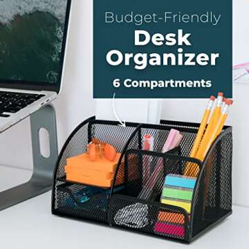 Greenco Mesh Office Supplies Desk Organizer Caddy, 6 Compartments, Black