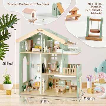 Joylike Wooden Dollhouse for Kids, Family Dollhouse with 53PCS Including Toy Figures, Furniture and ...