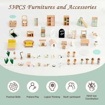 Joylike Wooden Dollhouse for Kids, Family Dollhouse with 53PCS Including Toy Figures, Furniture and Accessories, Ideal Gift for Kids Ages 3+