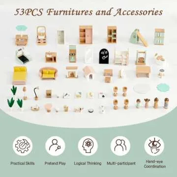 Joylike Wooden Dollhouse for Kids, Family Dollhouse with 53PCS Including Toy Figures, Furniture and Accessories, Ideal Gift for Kids Ages 3+