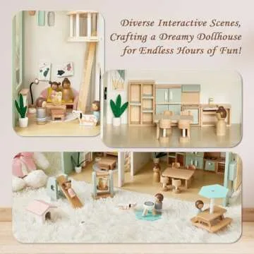 Joylike Wooden Dollhouse for Kids, Family Dollhouse with 53PCS Including Toy Figures, Furniture and Accessories, Ideal Gift for Kids Ages 3+