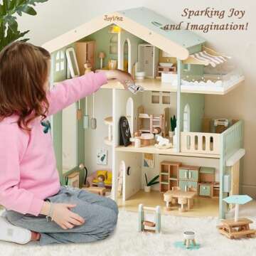 Joylike Wooden Dollhouse for Kids, Family Dollhouse with 53PCS Including Toy Figures, Furniture and Accessories, Ideal Gift for Kids Ages 3+