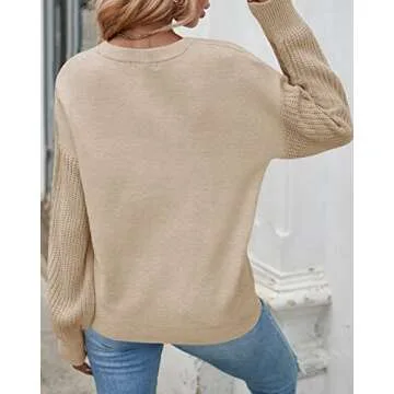 ZESICA Women's Fall Long Sleeve Crew Neck Solid Color Cable Knit Chunky Casual Oversized Pullover Sweater Tops,Oatmeal,Medium