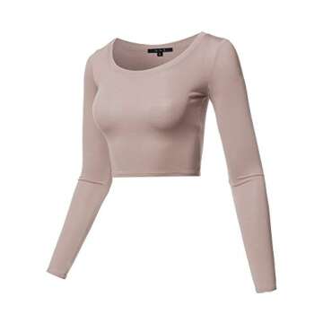 Basic Solid Stretchable Scoop Neck Long Sleeve Crop Top Mocha S