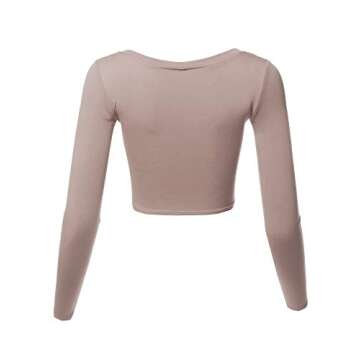 Basic Solid Stretchable Scoop Neck Long Sleeve Crop Top Mocha S