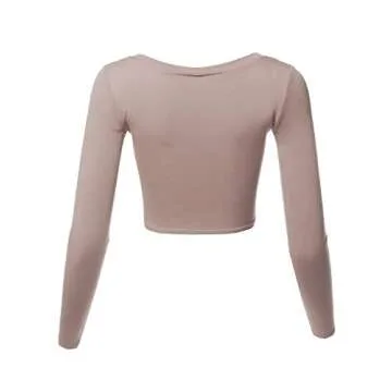 Basic Solid Stretchable Scoop Neck Long Sleeve Crop Top Mocha S