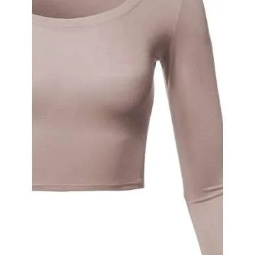 Basic Solid Stretchable Scoop Neck Long Sleeve Crop Top Mocha S