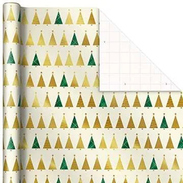 Hallmark Elegant Christmas Wrapping Paper with Cut Lines on Reverse (3 Rolls: 120 sq. ft. ttl) Gold Trees, Emerald Green Plaid, Gold Geometric Snowflakes