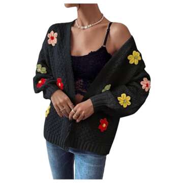 Stylish SHENHE Women's Floral Patched Cardigan - Black