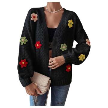 Stylish SHENHE Women's Floral Patched Cardigan - Black