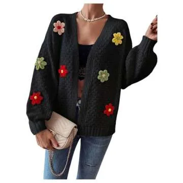 Stylish SHENHE Women's Floral Patched Cardigan - Black