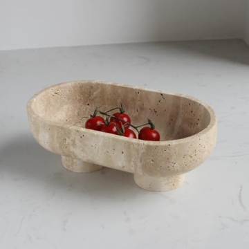 Natural Oval Travertine Fruit Bowl for Kitchen Counter 10", Large Decorative Bowl Two-Legs for Home ...