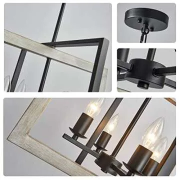 TZOE Farmhouse Kitchen Island Pendant Lighting fixtures White Oak Wood Color&Black Metal Finish 4-Light Rustic Chandelier