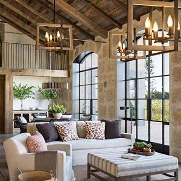 TZOE Farmhouse Kitchen Island Pendant Lighting fixtures White Oak Wood Color&Black Metal Finish 4-Light Rustic Chandelier