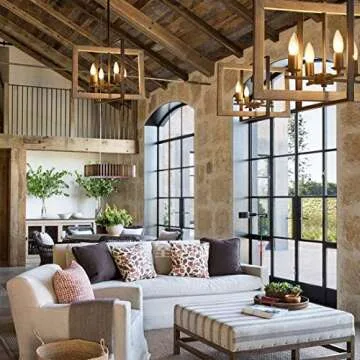 TZOE Farmhouse Kitchen Island Pendant Lighting fixtures White Oak Wood Color&Black Metal Finish 4-Light Rustic Chandelier