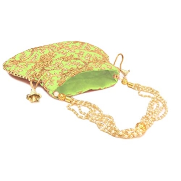 Potli Bag For Women With Intricate Gold Thread & Sequin Ethnic Designer Embroidery Work Batwa Pearls Handle (W-23 Cm,24 Cm) (Parrot Green)