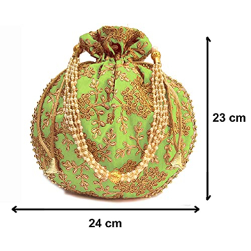Potli Bag For Women With Intricate Gold Thread & Sequin Ethnic Designer Embroidery Work Batwa Pearls Handle (W-23 Cm,24 Cm) (Parrot Green)
