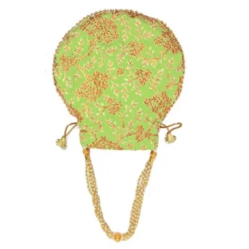 Potli Bag For Women With Intricate Gold Thread & Sequin Ethnic Designer Embroidery Work Batwa Pearls Handle (W-23 Cm,24 Cm) (Parrot Green)