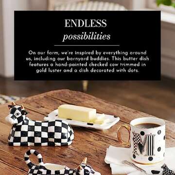 MACKENZIE-CHILDS Cow Creamery Butter Dish, Black-and-White Ceramic Butter Dish with Lid