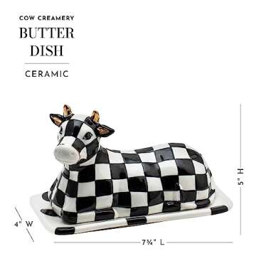 MACKENZIE-CHILDS Cow Creamery Butter Dish, Black-and-White Ceramic Butter Dish with Lid