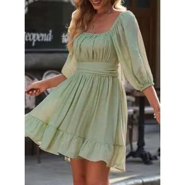 Dokotoo Beach Vacation Essentials Shirred Elastic Waist Square Neck Summer Dress for Women Tie Back Long Lantern Sleeve Ruffle A-Line Sexy Dress Casual Mini Dress Light Green Medium