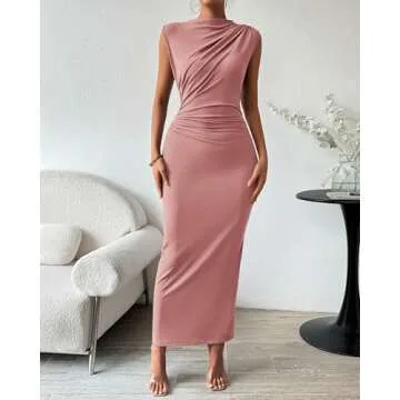 BTFBM Women's Ruched Bodycon Dress Summer Casual Sleeveless Back Slit Elegant Club Evening Party Coc...