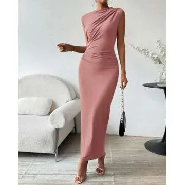 BTFBM Women's Ruched Bodycon Dress Summer Casual Sleeveless Back Slit Elegant Club Evening Party Cocktail Maxi Dresses(Solid Pink, Small)