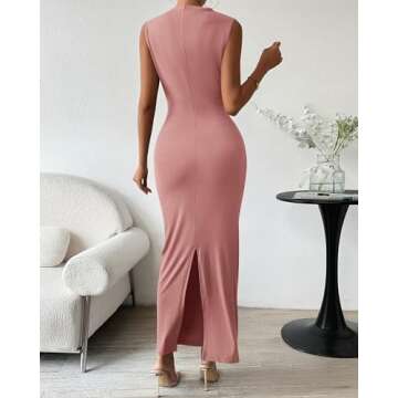 BTFBM Women's Ruched Bodycon Dress Summer Casual Sleeveless Back Slit Elegant Club Evening Party Cocktail Maxi Dresses(Solid Pink, Small)