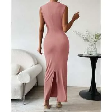 BTFBM Women's Ruched Bodycon Dress Summer Casual Sleeveless Back Slit Elegant Club Evening Party Cocktail Maxi Dresses(Solid Pink, Small)