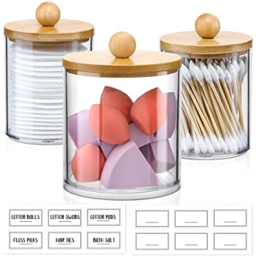 Stylish 3 Pack Qtip Holder Dispenser with Bamboo Lids