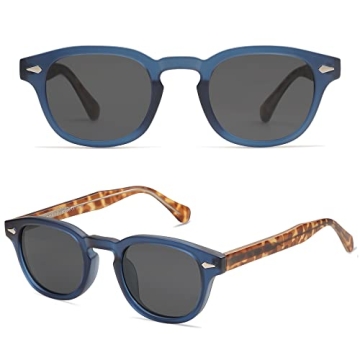 SOJOS Retro Small Round Sunglasses for Men Women Trendy Circle Style UV400 Lenses Unisex Sun Glasses SJ2251, Matt Dark Blue Frame/Grey Lens