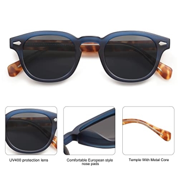 SOJOS Retro Small Round Sunglasses for Men Women Trendy Circle Style UV400 Lenses Unisex Sun Glasses SJ2251, Matt Dark Blue Frame/Grey Lens