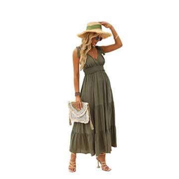 DEEP SELF Women’s Solid V Neck Tie Strap Maxi Dress Long Summer Dress Ruffle Hum Long Flowy Dresses Army Green