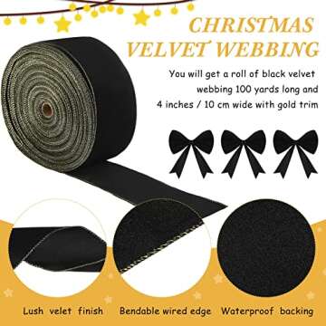 Christmas Wired Velvet Ribbon with Gold Edge Velvet Waterproof Ribbon Wrapping Velvet Decoration Rib...