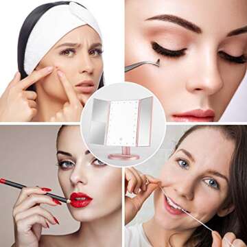 Sevillin Makeup Mirror with Lights,22 LED Vanity Mirror with 1X/2X3X Magnifica,Touch Screen Switch,Dual Power Supply,Portable Trifold Makeup Mirror Cosmetic Lighted Up Mirrortion White