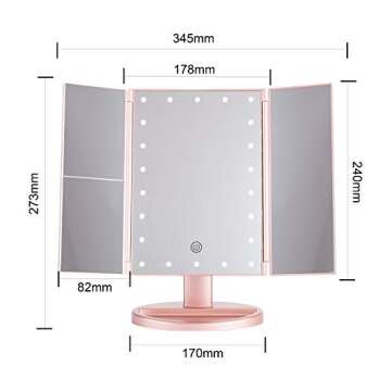 Sevillin Makeup Mirror with Lights,22 LED Vanity Mirror with 1X/2X3X Magnifica,Touch Screen Switch,Dual Power Supply,Portable Trifold Makeup Mirror Cosmetic Lighted Up Mirrortion White