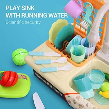 GrowthPic Play Kitchen Sink Toys, Pretend Play Sink with Running Water, Kids Kitchen Accessories with Utensils, Color Changing Toys in Water, Apron and Cutting Play Food for Girls Boys and Toddlers