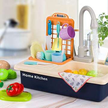 GrowthPic Play Kitchen Sink Toys, Pretend Play Sink with Running Water, Kids Kitchen Accessories with Utensils, Color Changing Toys in Water, Apron and Cutting Play Food for Girls Boys and Toddlers