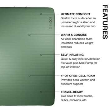 Exped MegaMat 10 Duo - Self Inflating Foam Sleeping Pad, 4" Thickness Camping Bed, Compact and Lightweight, Mini Pump Included, Green, Queen