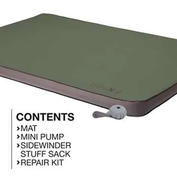 Exped MegaMat 10 Duo - Self Inflating Foam Sleeping Pad, 4" Thickness Camping Bed, Compact and Lightweight, Mini Pump Included, Green, Queen