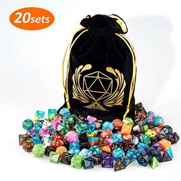 HGFLMR DND Dice Set, 20 x 7 (140 Pieces) Polyhedron Dice 20 Colors Dice for Dungeons and Dragons DND RPG MTG Table Games D4 D8 D10 D12 D20 with 1 Large Flannel Bag