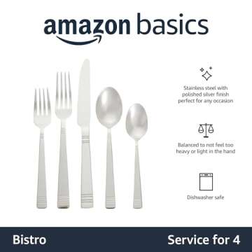 Amazon Basics Silverware 20-Piece Stainless Steel Flatware Set for 4, Durable & Elegant Design