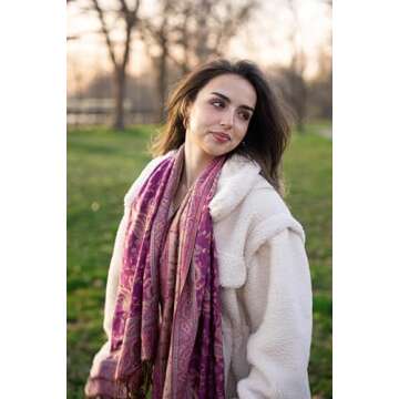 Achillea Soft Silky Reversible Paisley Pashmina Shawl Wrap Scarf w/Fringes (Bright Purple)