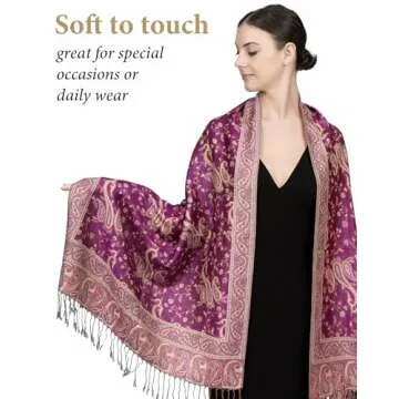 Achillea Soft Silky Reversible Paisley Pashmina Shawl Wrap Scarf w/Fringes (Bright Purple)
