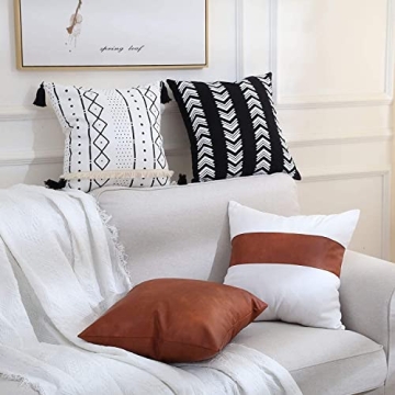 GALMAXS7 Boho Throw Pillow Covers 18 x 18 Set of 4 - Modern Stripe Geometric Farmhouse Decorative Pillow Cover Sets for Pillows - Couch Sofa Bed,Faux Leather Black and White Pillow Covers