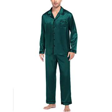 SWOMOG Mens Silk Satin Pajamas Set Long Sleeve Sleepwear Button-Down Pj Two-piece Loungewear with Long Pants (Deep Green，Large)