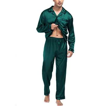 SWOMOG Mens Silk Satin Pajamas Set Long Sleeve Sleepwear Button-Down Pj Two-piece Loungewear with Long Pants (Deep Green，Large)
